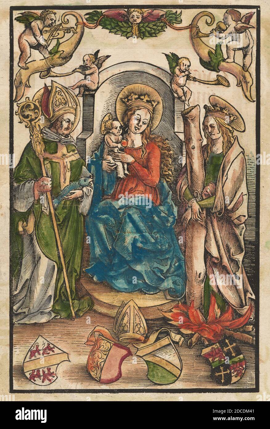 Urs Graf I, (artist), Swiss, c. 1485 - 1527/1529, The Madonna with Saint Ulrich and Saint Afra, c. 1511, hand-colored woodcut, image: 26 x 16.6 cm (10 1/4 x 6 9/16 in.), sheet: 32.3 x 22 cm (12 11/16 x 8 11/16 in Stock Photo