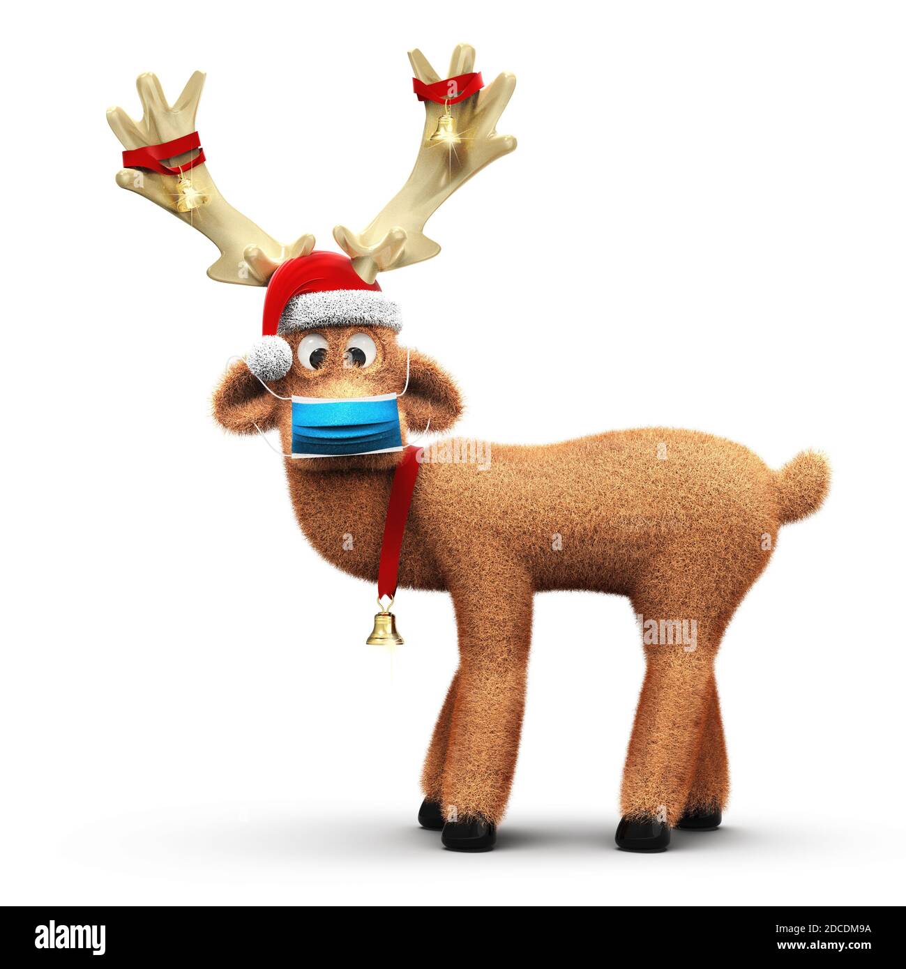Funny reindeer with Santa Claus hat and surgical masks to prevent corona COVID-19 infection, isolated on white background 3D rendering Stock Photo