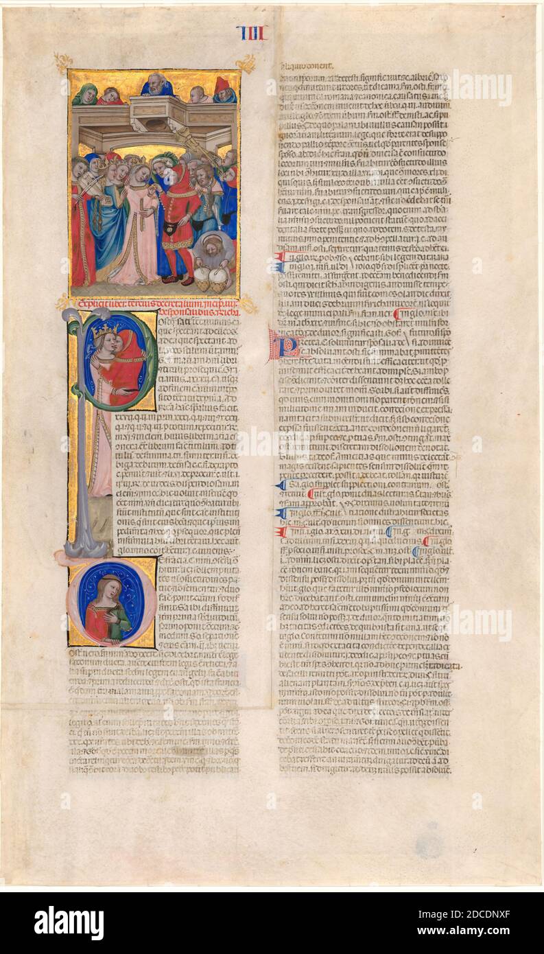 Niccolò di Giacomo da Bologna, (artist), Bolognese, active 1348/1399, The Marriage; the Kiss of the Bride (initial P); the Bride Abandoned (initial D), Leaf from Johannes Andreae, 'Novella' on the Decretals of Gregory IX, (series), 1350s, miniature on vellum, overall: 44.5 x 27.3 cm (17 1/2 x 10 3/4 in Stock Photo