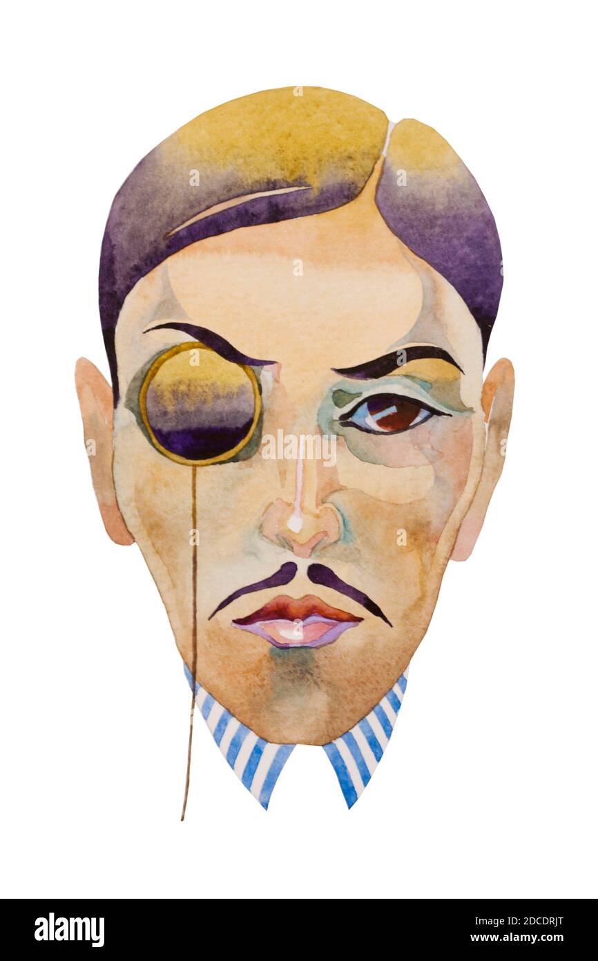 retro style watercolor portrait of man with monocle jazz epoch Stock Photo
