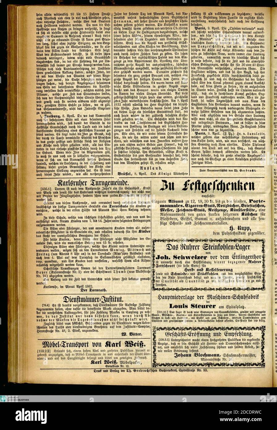 Karlsruher Anzeiger vom 13. April 1862, erste Spalte Fortsetzung vom Bericht über die Erftalstraße von Hardheim nach Miltenberg. Stock Photo