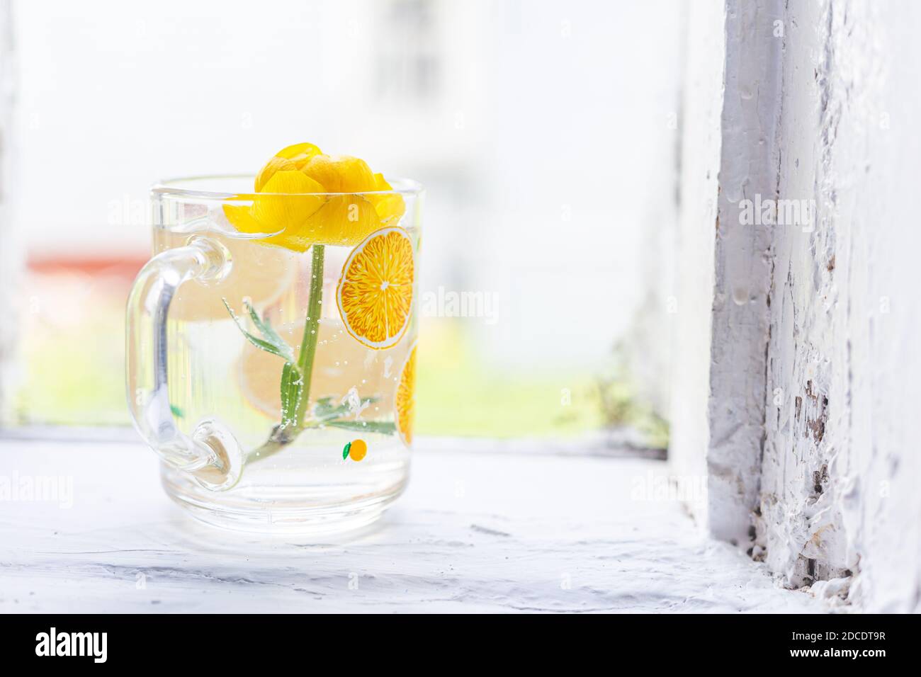 One yellow flower in a glass cup in water on a window in an old country house, a white window sill and frame. Spring morning, natural light. Stock Photo