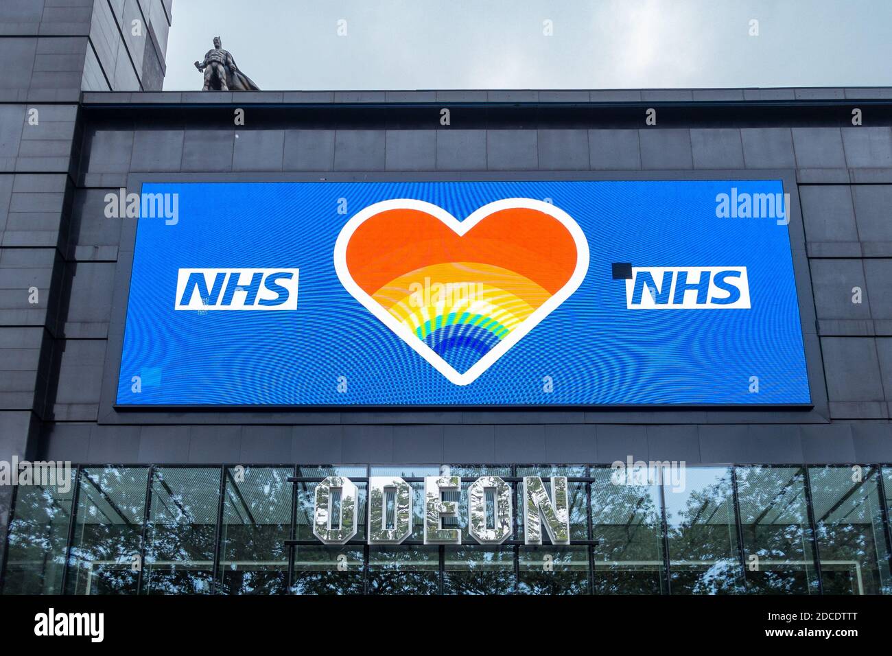 NHS keyworker tribute on the Odeon Cinema, Leicester Square, London, during the first covid-19 pandemic lockdown of 2020 Stock Photo