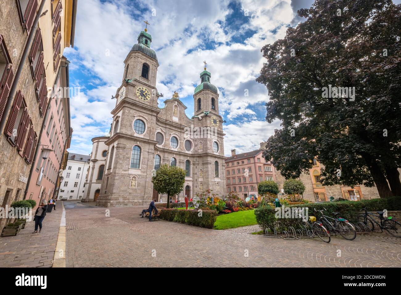 Innsbruck, Austria - September 25, 2019: Tourists visit the Cathedral of St. James a Baroque cathedral of the Roman Catholic Diocese of Innsbruck Stock Photo