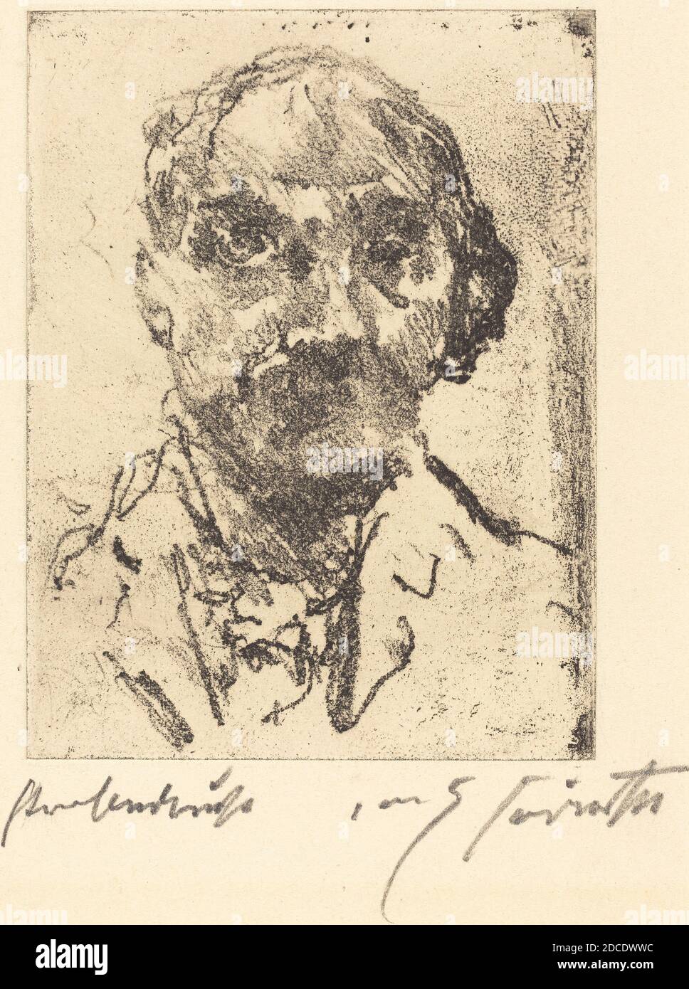 Lovis Corinth, (artist), German, 1858 - 1925, Selbstbildnis (Self-Portrait), 1921/1922, softground etching on wove paper, plate: 12 x 9 cm (4 3/4 x 3 9/16 in.), sheet: 26.5 x 19.8 cm (10 7/16 x 7 13/16 in Stock Photo