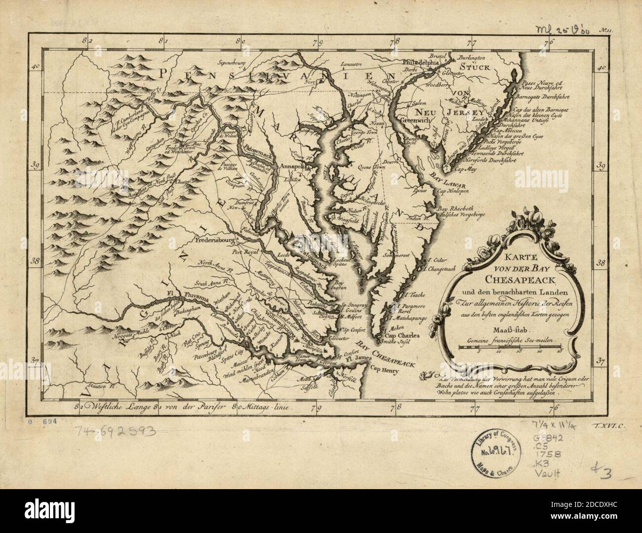 Karte von der Bay Chesapeack und den benachbarten Landen zur Allegemeinen Historie der Reisen aus den besten englændischen Karten gezogen. Stock Photo