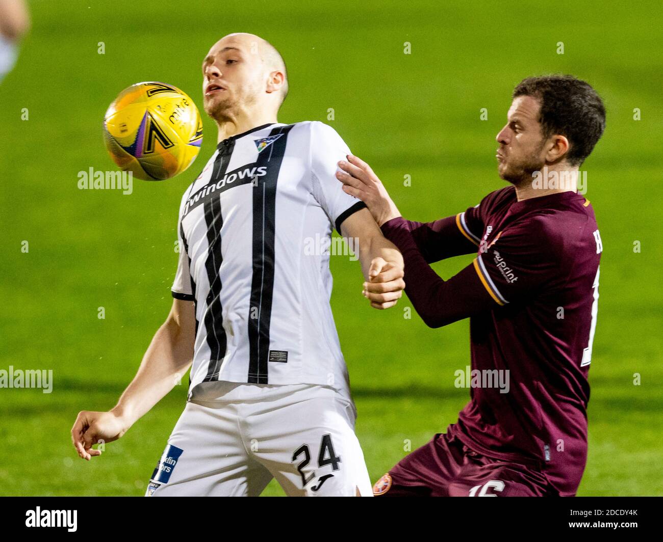 Dunfermline, Scotland, UK. 20th November 2020  Kerr McInroy of Dunfermline and Andrew Halliday of Hearts compete for possession of the ball during the Scottish Championship game against Dunfermline V Hearts at East End Park Stadium.  Credit: Alan Rennie/Alamy Live News Stock Photo