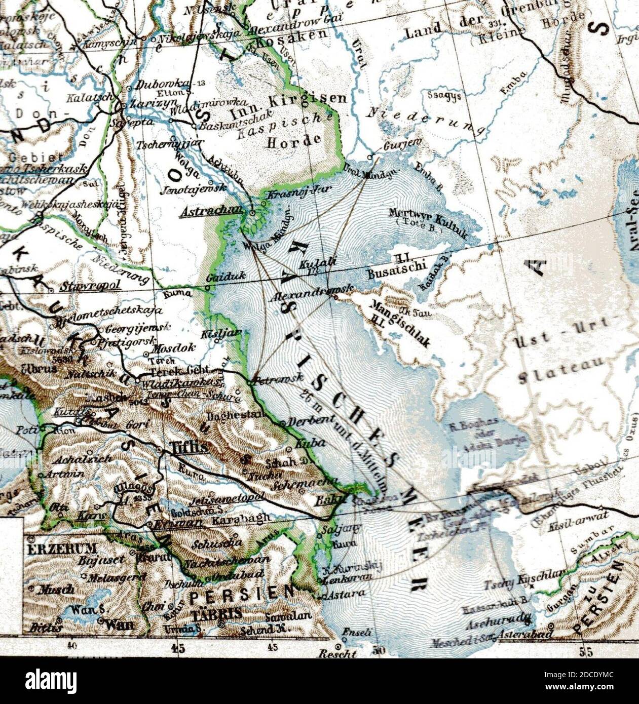 Kaspisches Meer um 1907. Ausschnitt aus Karte Europäisches Russland, Meyers Großes Konversations-Lexikon, Bad. 17, LeipzigWien 1907, nach S. 288. Stock Photo