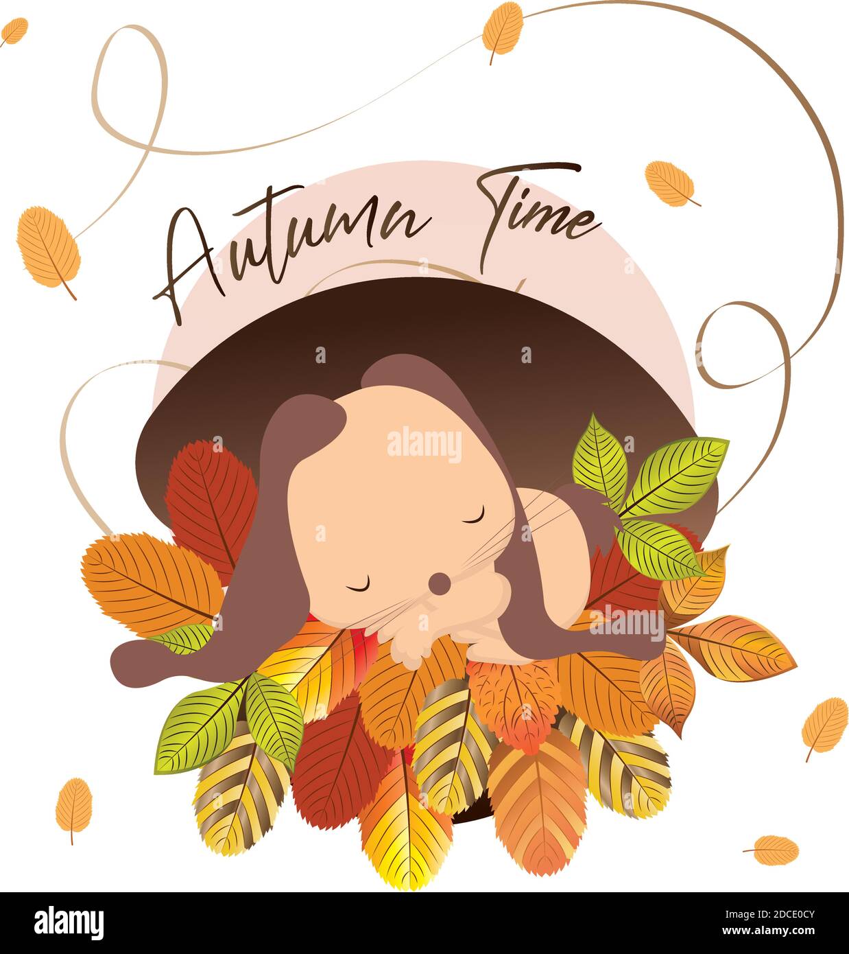 Sleeping bunny on dry leaves Stock Vector