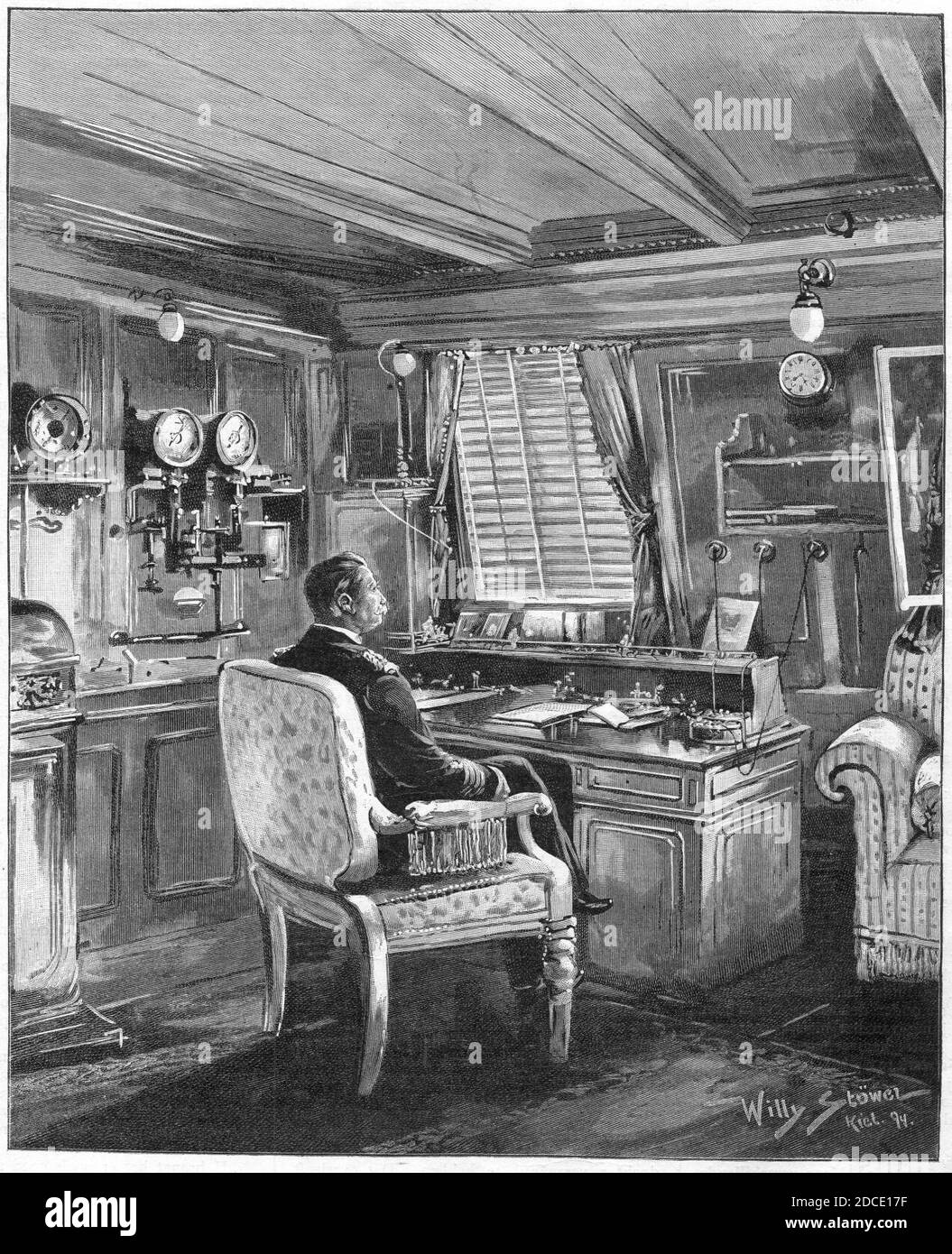 Kath. Illustratie 1894 Kaiser Wilhelm in seinem Schiff Hohenzollern by Willy Stöwer. Stock Photo