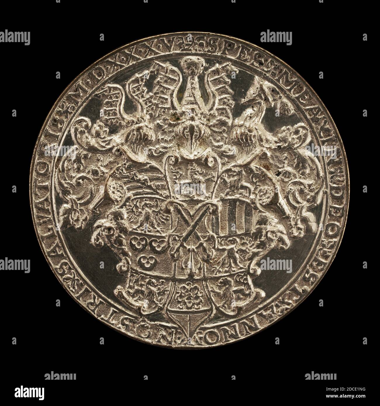 Hans Reinhart the Elder, (artist), German, c. 1510 - 1581, Shield with Helms and Crests, 1535, silver, overall (diameter): 6.51 cm (2 9/16 in.), gross weight: 66.65 gr (0.147 lb.), axis: 12:006.51 Stock Photo