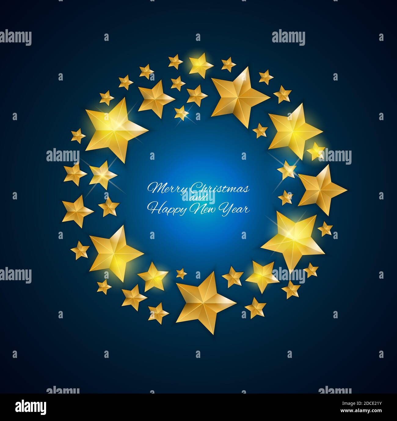 Happy New Year and Christms Background with Golden Stars. Illustration Stock Photo