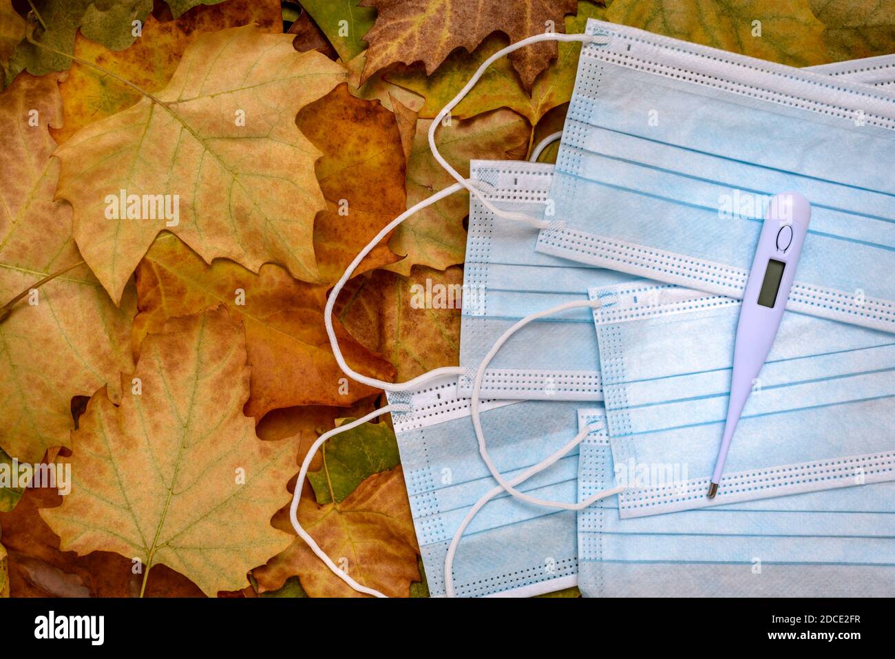 Blue face masks and glass thermometer for measuring the temperature of the human body on dry autumn leaves. Stock Photo