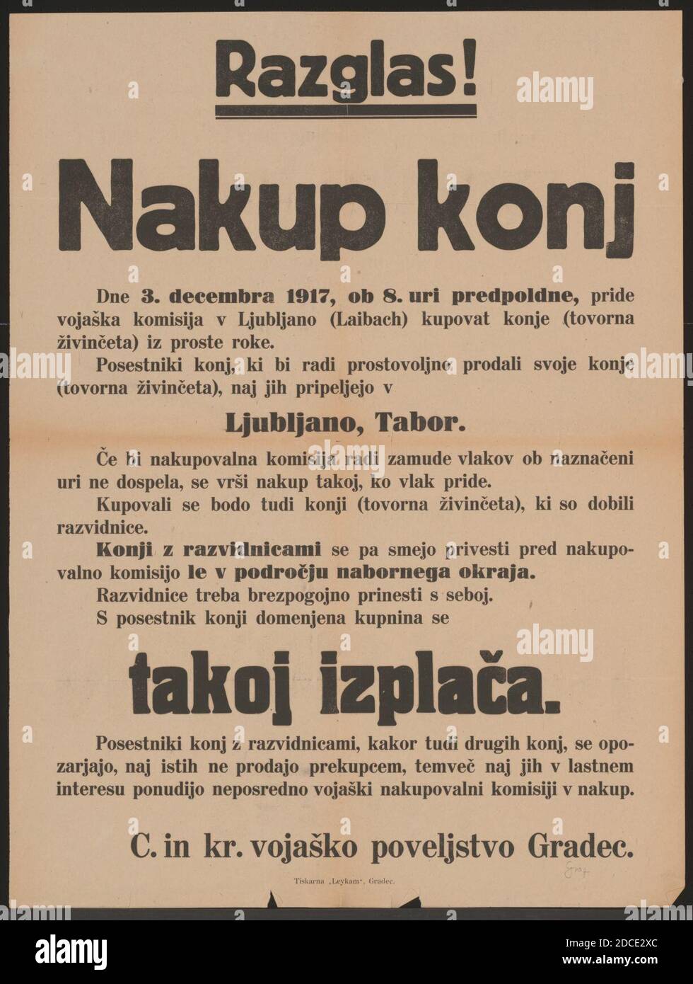 Kauf von Pferden - Kundmachung - Graz - In slowenischer Sprache 1917. Stock Photo