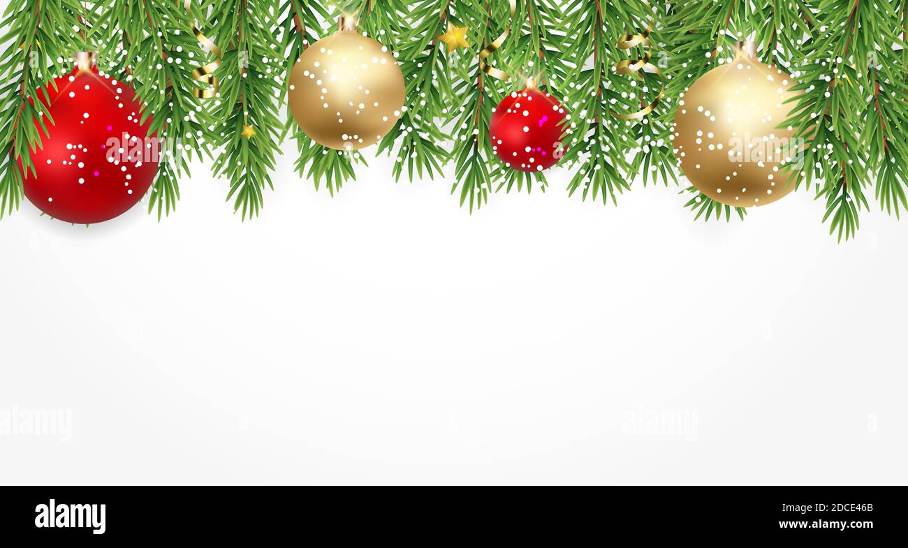 Fir Branches with Snow and Balls. Merry Christmas and New Year Winter ...
