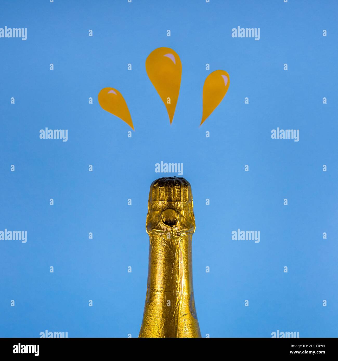 Golden champagne bottle top with paper splashes. Minimal celebration concept Stock Photo
