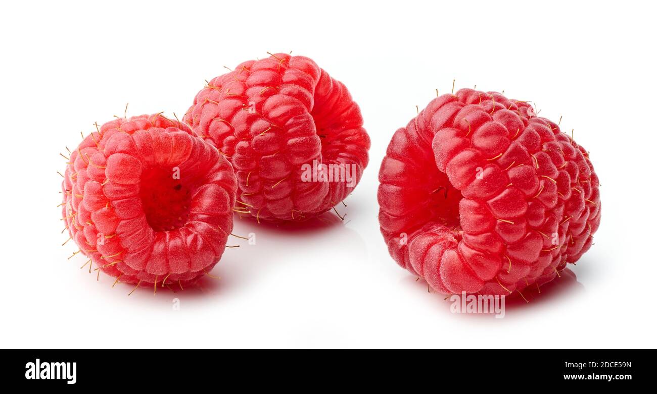fresh red raspberries macro isolated on white background Stock Photo