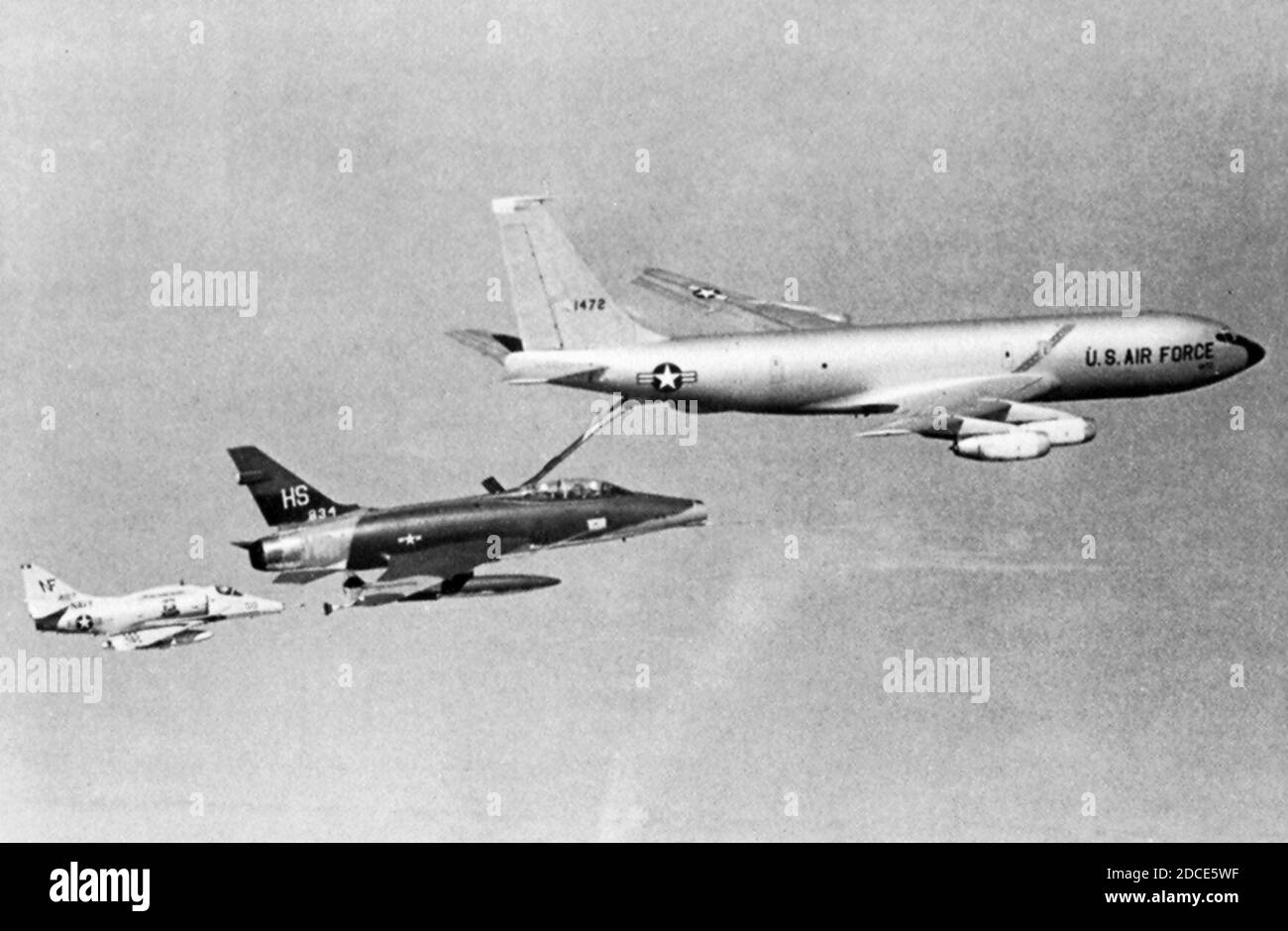KC-135A refueling F-100F 612th TFS and A-4F VA-212 over Vietnam 1968. Stock Photo