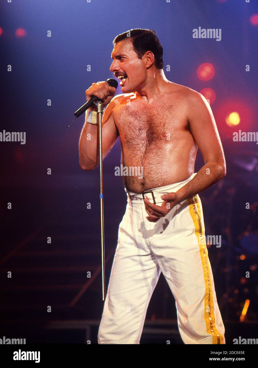 The British rock band Queen in concert at the Råsunda Football Stadium,Stockholm,Sweden 7th June 1986: Freddie Mercury Stock Photo