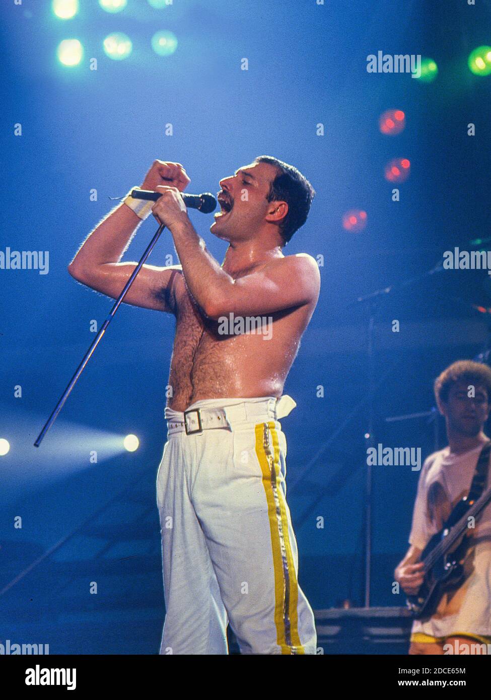 The British rock band Queen in concert at the Råsunda Football Stadium,Stockholm,Sweden 7th June 1986: Freddie Mercury Stock Photo