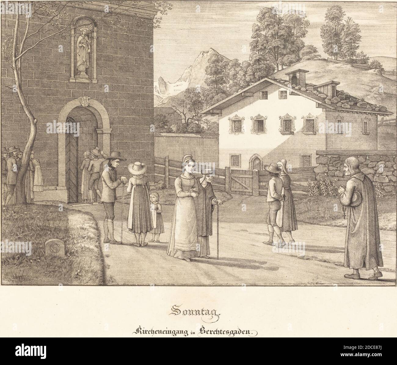 Ferdinand Olivier, (artist), German, 1785 - 1841, Sonntag - Kircheneingang in Berchtesgaden (Sunday - Going to Church near Berchtesgaden), Seven Places in Salzburg and Berchtesgaden, (series), 1823, lithograph Stock Photo