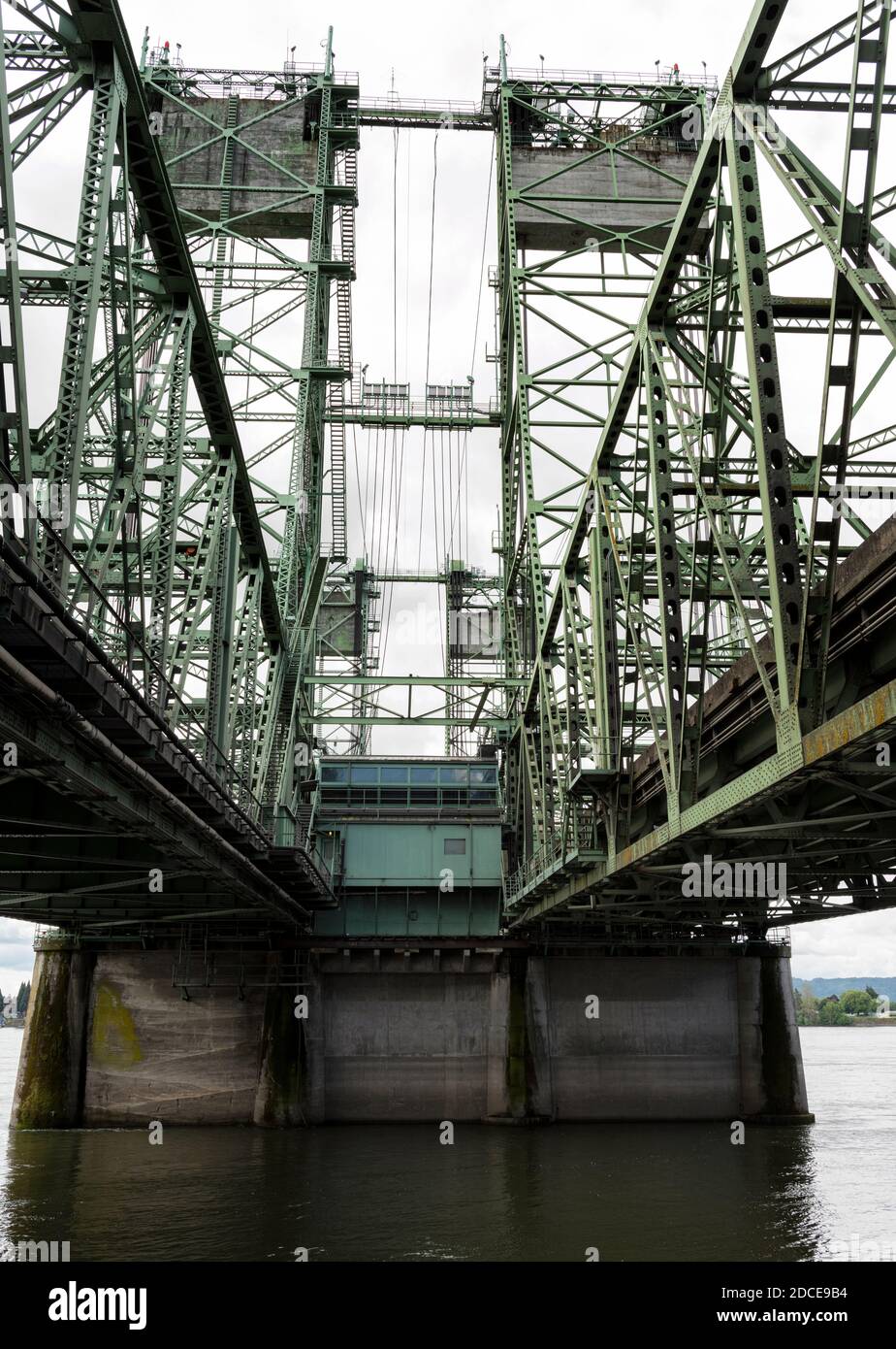 This is the Interstate Bridge Control House and northern section of the bridge.  The bridge spans the Columbia River between Oregon and Washington. Stock Photo