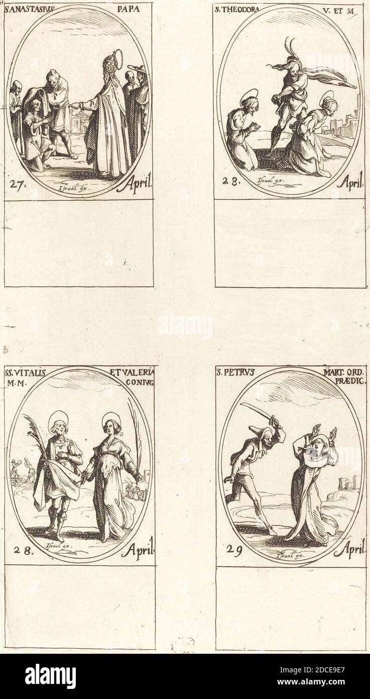 Jacques Callot, (artist), French, 1592 - 1635, St. Anastasius; St. Theodora; Sts. Vitalis and Valeria; St. Peter Martyr, The Calendar of Saints, (series), etching Stock Photo