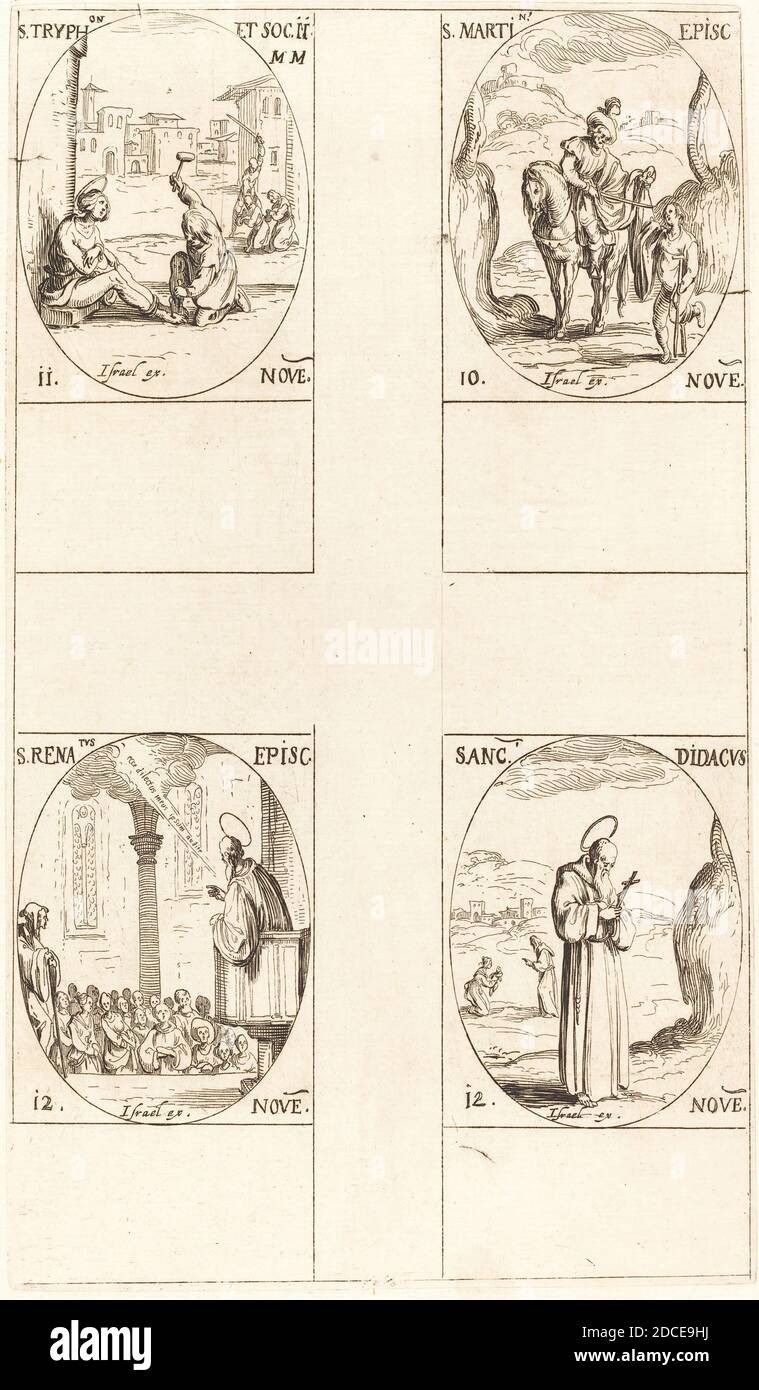 Jacques Callot, (artist), French, 1592 - 1635, St. Martin; St. Tryphon and Companions; St. Renatus; St. Didacus, The Calendar of Saints, (series), etching Stock Photo