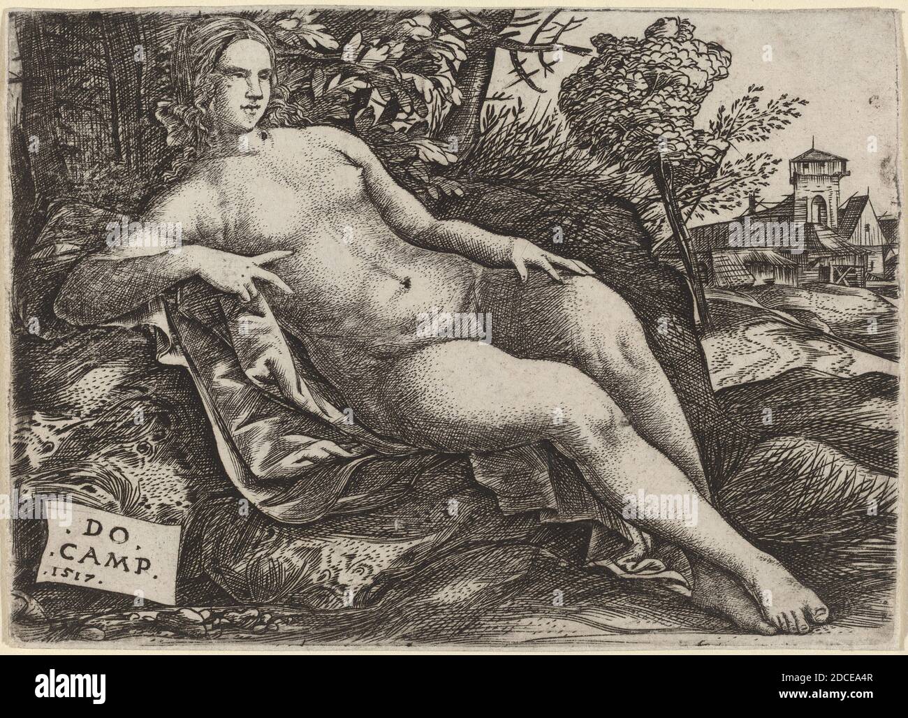 Domenico Campagnola, (artist), Venetian, before 1500 - 1564, Venus Reclining in a Landscape, 1517, engraving, sheet (trimmed to plate mark): 9.6 x 13.4 cm (3 3/4 x 5 1/4 in Stock Photo