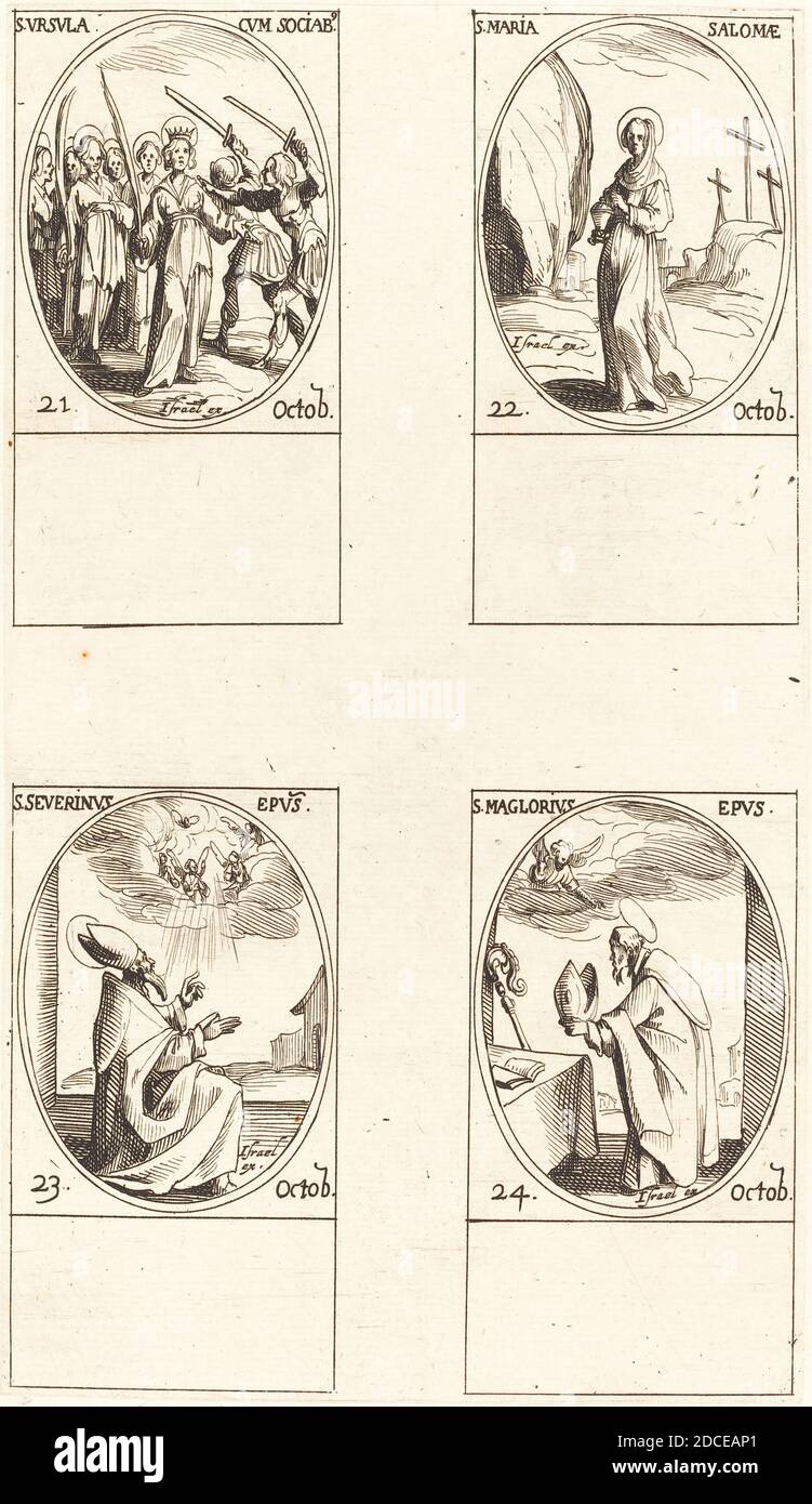 Jacques Callot, (artist), French, 1592 - 1635, St. Ursula and Companions; St. Mary Salome; St. Severinus; St. Maglorius, The Calendar of Saints, (series), etching Stock Photo