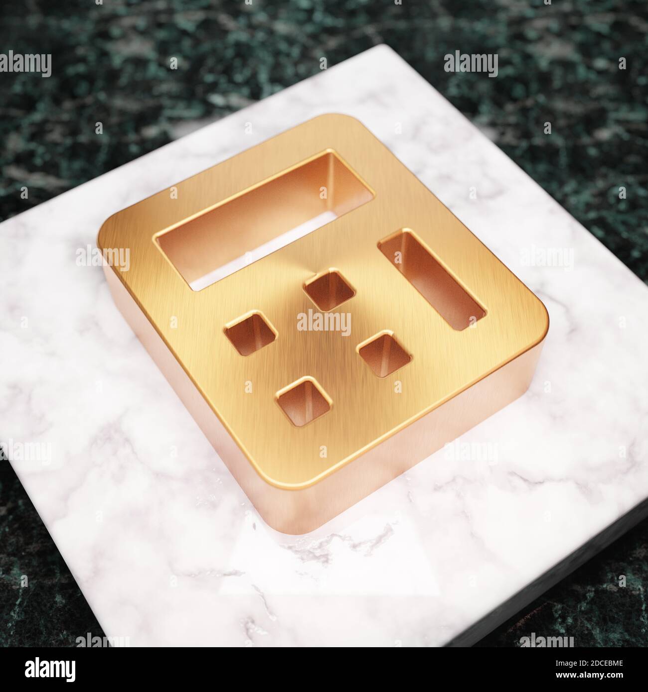 Calculator icon. Bronze Calculator symbol on white marble podium. Icon