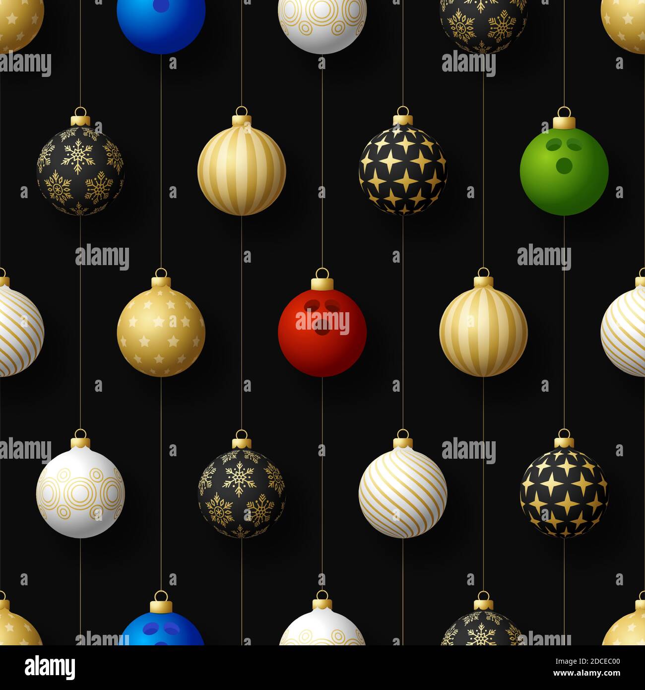 Merry Christmas bowling seamless pattern. Hang on a thread realistic bowling ball as a Christmas