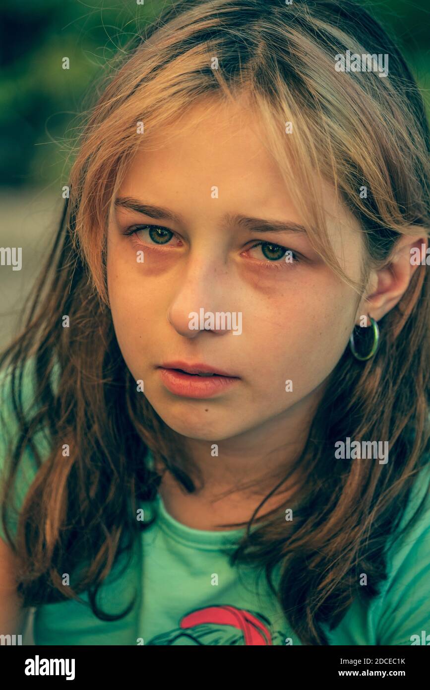 Closeup portrait of young crying girl with tears. Teenage girl ...