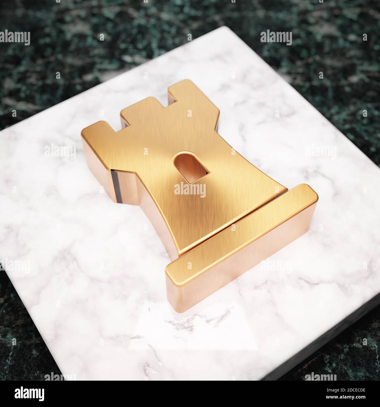 Chess Rook icon. Bronze Chess Rook symbol on white marble podium. Icon ...