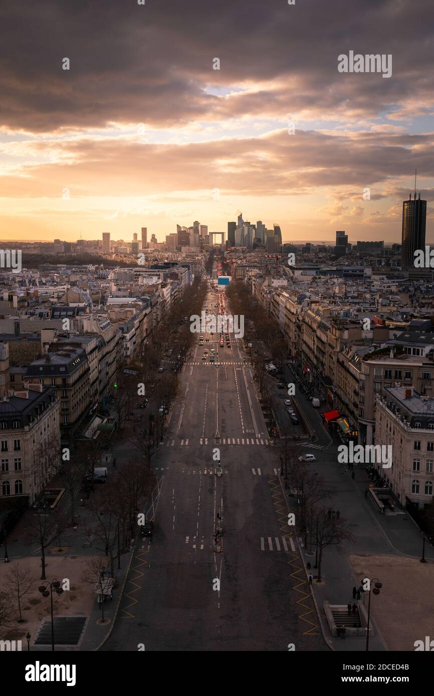 Champs-Elysees, main avenue at Paris, France seen from the top roof view of the Arc de Triomphe (Triumphal Arch). Stock Photo