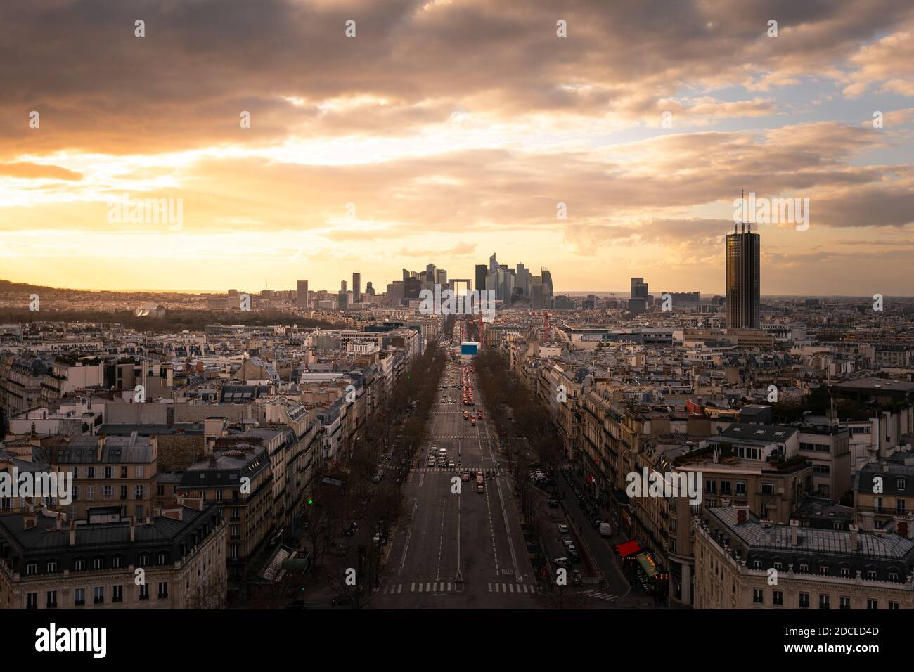 Champs-Elysees, main avenue at Paris, France seen from the top roof view of the Arc de Triomphe (Triumphal Arch). Stock Photo