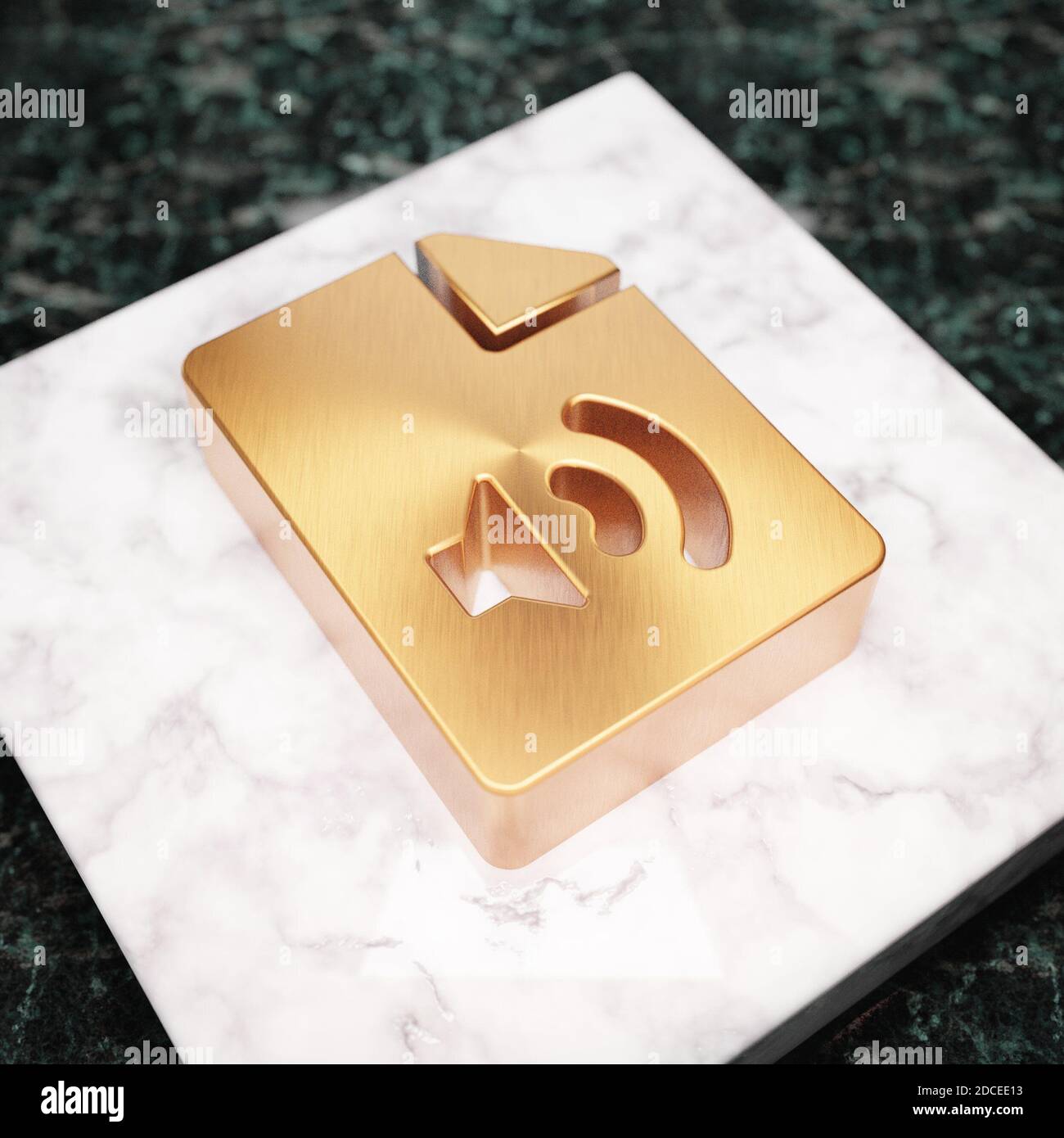 Audio File icon. Bronze Audio File symbol on white marble podium. Icon for website, social media, presentation, design template element. 3D render. Stock Photo