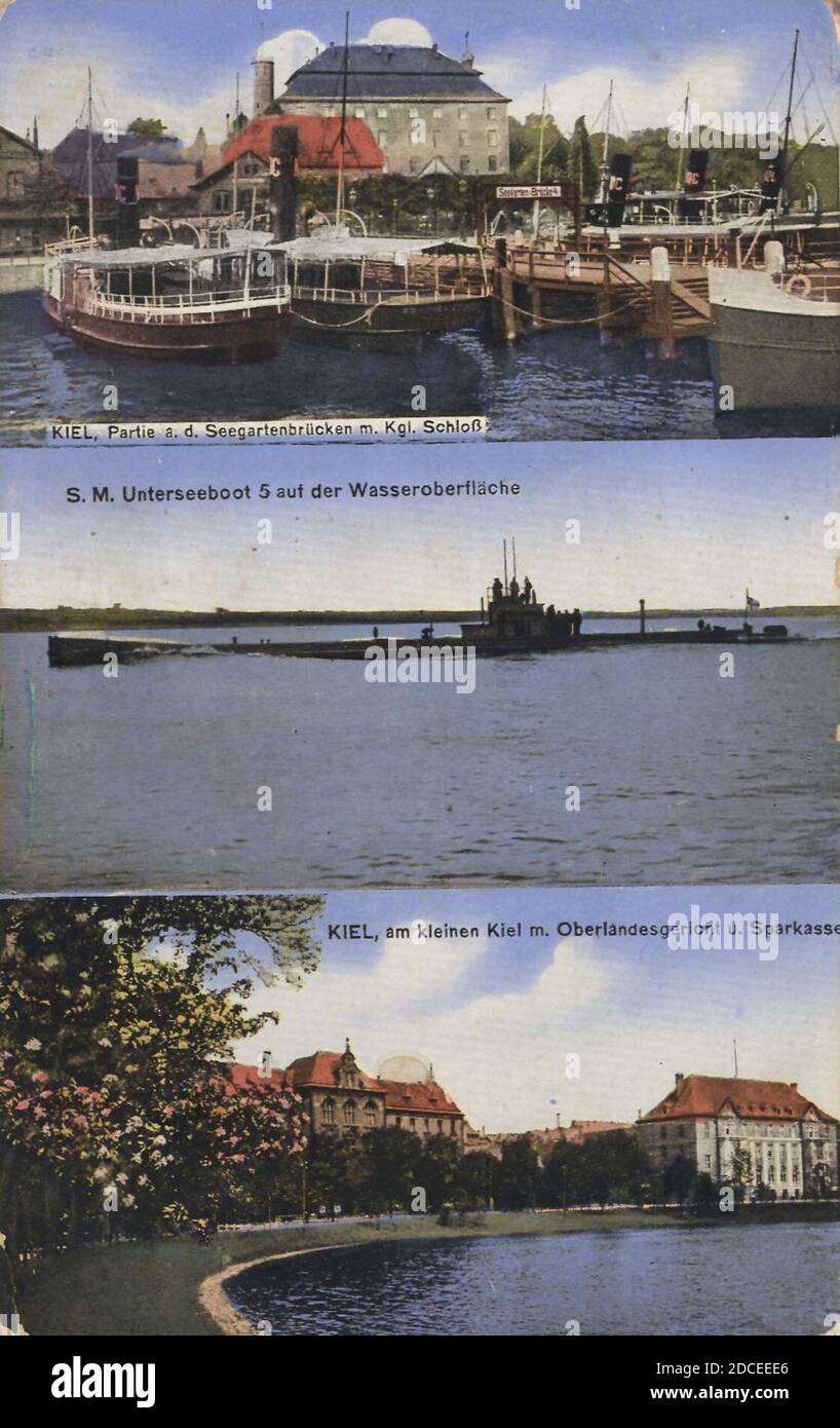 Kiel, Schleswig-Holstein - Seegartenbrücken mit Schloss; S. M. Unterseeboot 5; Am kleinen Kiel mit Oberlandesgericht und Sparkasse Stock Photo