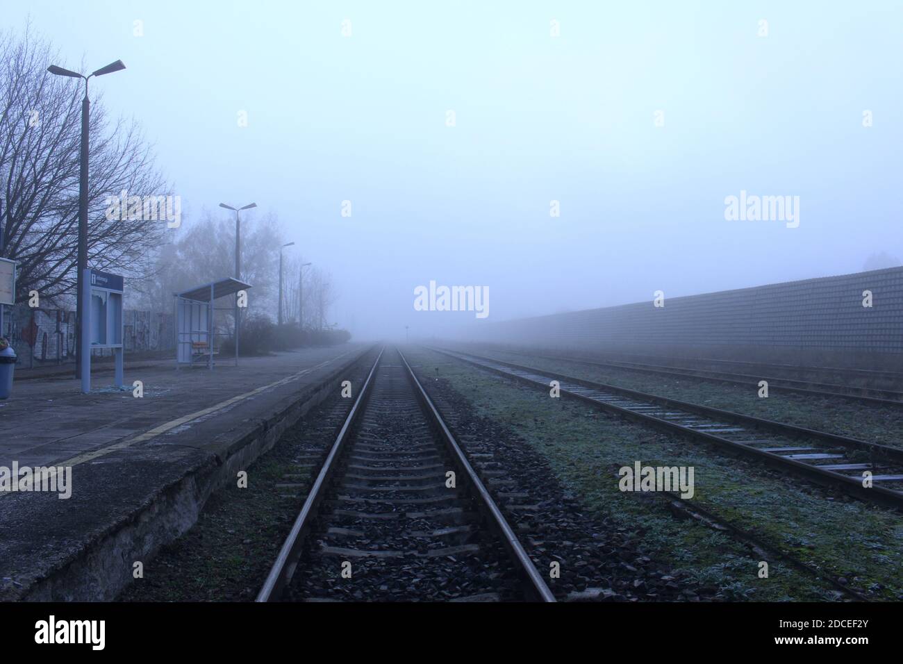 Train station in Białystok during foggy weather Stock Photo