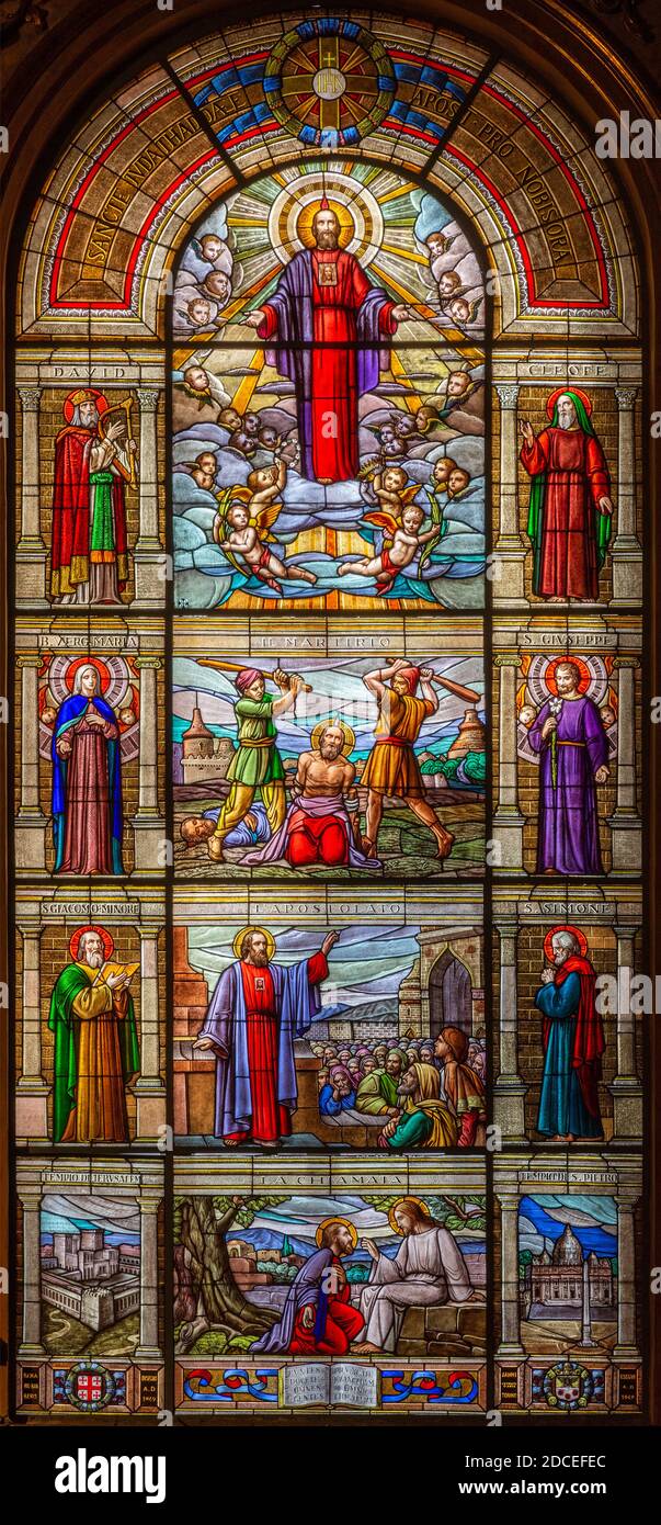TURIN, ITALY - MARCH 16, 2017: The scens from live of apostle St. Jude Taddheus in the stained glass of church Chiesa di San Massimo. Stock Photo