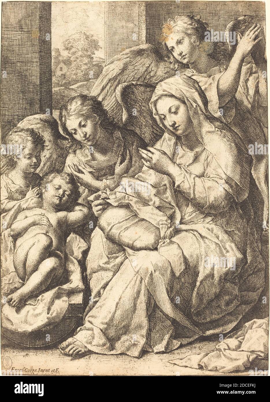Francesco Cozza, (artist), Italian, 1605 - 1682, Virgin and Angels Watching Over the Sleeping Infant Jesus, etching in black, sheet: 30.3 x 21.7 cm (11 15/16 x 8 9/16 in Stock Photo