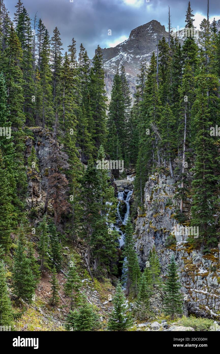 Waterfall below Lower Blue Lake, Blue Lakes Trail, Uncompahgre National Forest, Ridgway, Colorado. Stock Photo