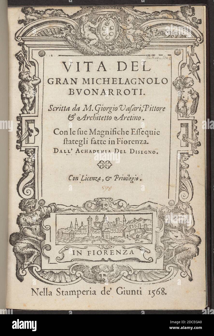 Giorgio Vasari, (author), Florentine, 1511 - 1574, Vita de' gran Michelagnolo Buonarroti, published 1568, 1 vol: ill: woodcut illustrations, page size: 21.1 x 14.3 cm (8 5/16 x 5 5/8 in Stock Photo