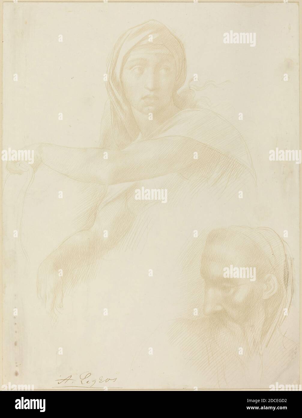 Alphonse Legros, (artist), French, 1837 - 1911, Michelangelo, (artist after), Florentine, 1475 - 1564, Study of Delphic Sibyl; Head of a Man, silverpoint on prepared paper, overall: 30 x 23.1 cm (11 13/16 x 9 1/8 in Stock Photo