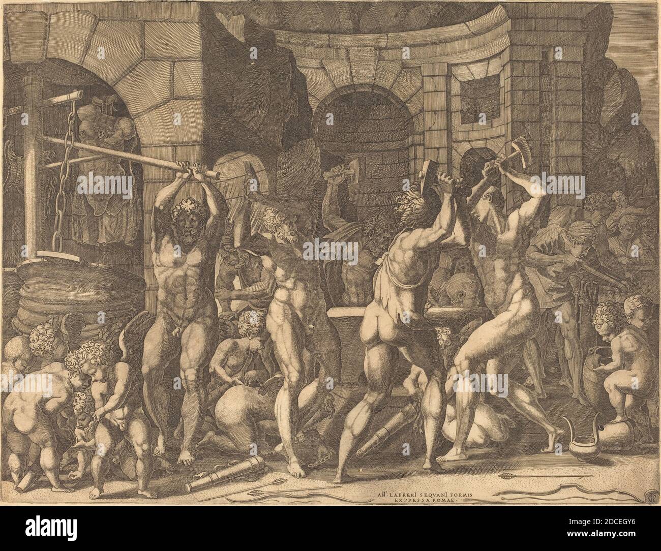 Master FG, (artist), Italian, active 1540s, Francesco Primaticcio, (artist after), Italian, 1504 - 1570, Vulcan and the Cyclopes Forging Arrows, engraving Stock Photo