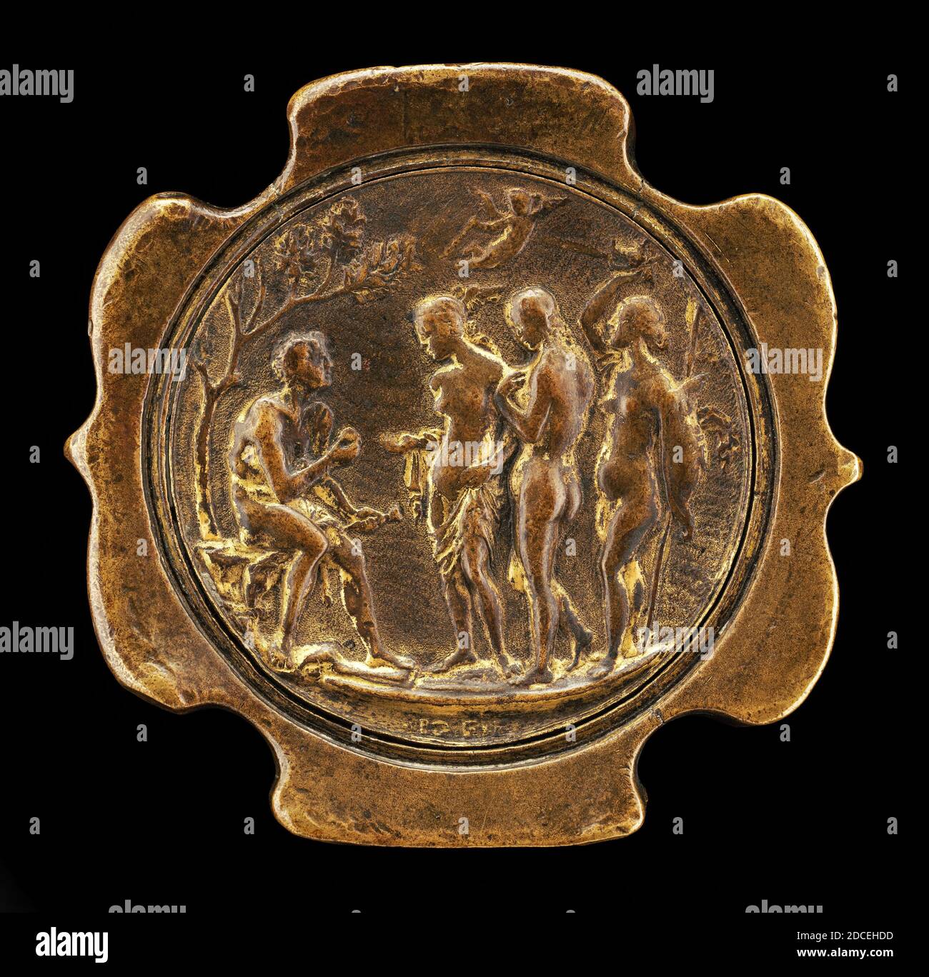 Master IO.F.F., (artist), Bolognese, active 1468/1484, Sword Pommel with inset plaquette of The Judgment of Paris, second half 15th century, bronze, overall (diameter of plaquette alone): 5.37 cm (2 1/8 in.), gross weight (detachable plaquette alone): 28.5 gr (0.063 lb.), overall (sword pommel): 7.05 × 7.27 × 1.63 cm (2 3/4 × 2 7/8 × 5/8 in Stock Photo