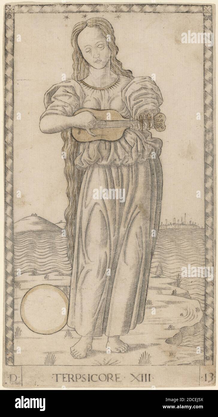 Master of the E-Series Tarocchi, (artist), Ferrarese, active c. 1465, Terpsicore (Terpsichore), E-Series (Apollo and the Muses): no.XIII, (series), c. 1465, engraving with gilding, sheet: 17.8 x 10 cm (7 x 3 15/16 in Stock Photo