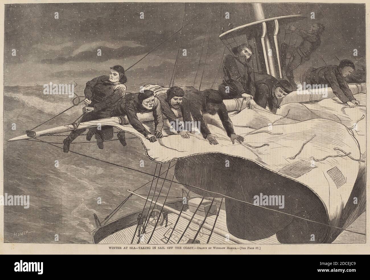 American 19th Century, (artist), Winslow Homer, (artist after), American, 1836 - 1910, Winter at Sea - Taking in Sail Off the Coast, From 'Harper's Weekly', January 16, 1869, p.40, (series), published 1869, wood engraving Stock Photo