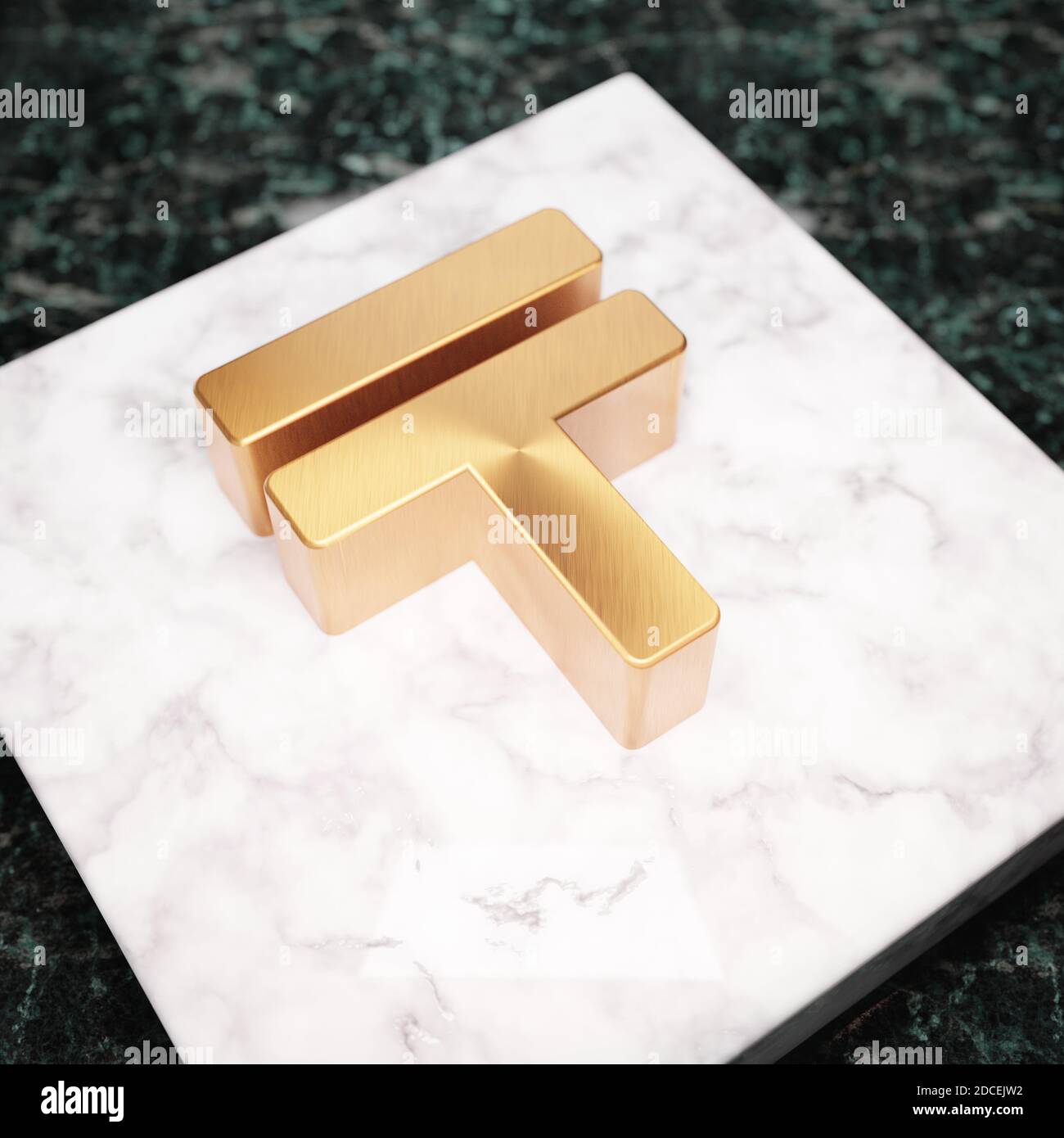Tenge icon. Bronze Tenge symbol on white marble podium. Icon for website, social media, presentation, design template element. 3D render. Stock Photo