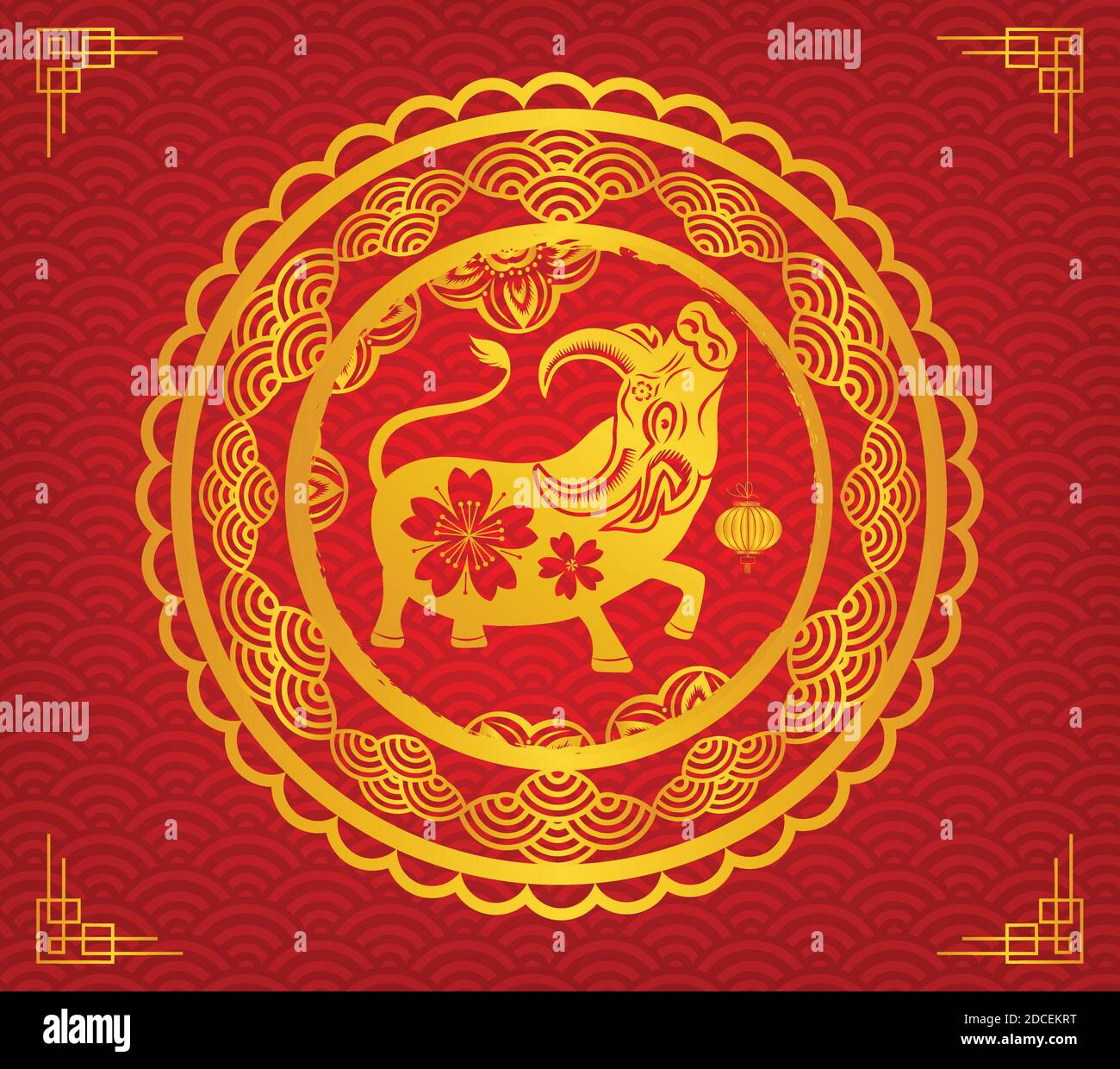 Happy chinese new year 2021 with gold head ox zodiac and text in